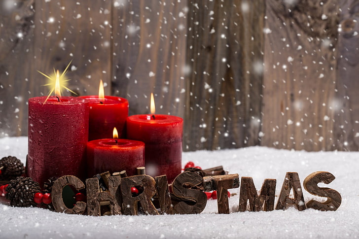 four red pillar candles, christmas, snow, winter, decoration, HD wallpaper