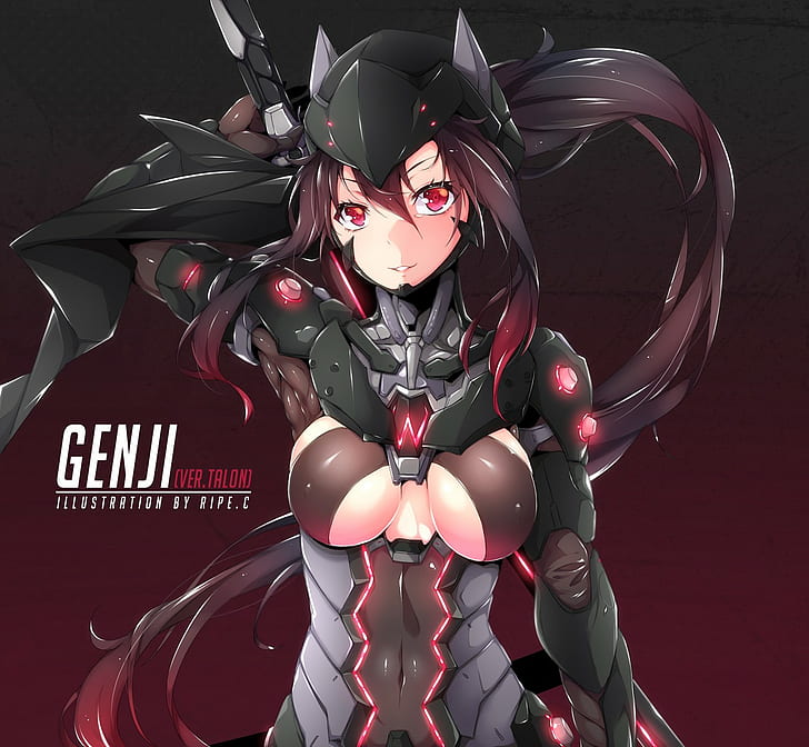 Genji (Overwatch), Genji Shimada, sword, anime, red eyes, long hair