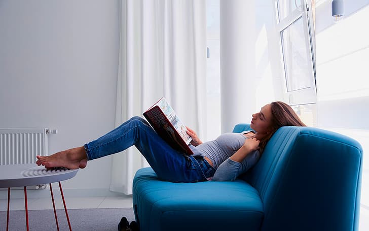 model, women, blue tops, jeans, barefoot, reading, lying on back, HD wallpaper