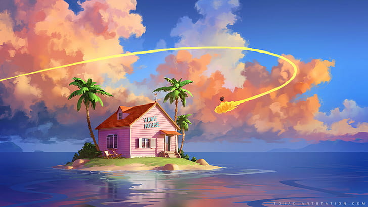 Dragon Ball, digital, colorful, sky, ArtStation, house, clouds, HD wallpaper