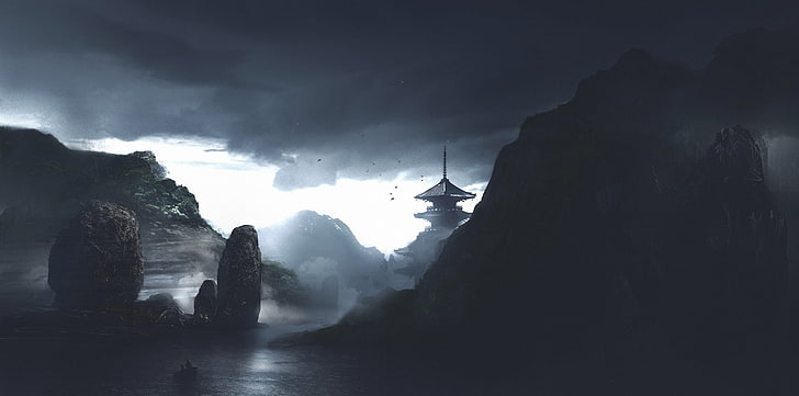 nature, Japan, dark, atmosphere, pagoda, fog, rock, rock - object, HD wallpaper