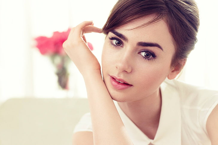 women, Lily Collins, brunette, looking at viewer, brown eyes