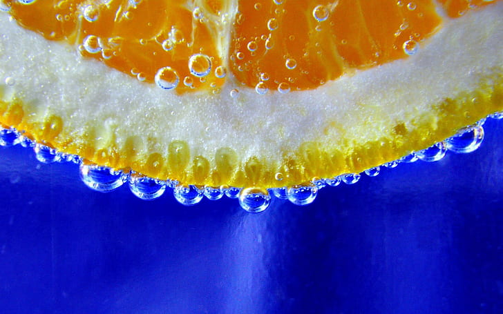 minimalism, underwater, bubbles, fruit, orange (fruit), blue background, HD wallpaper