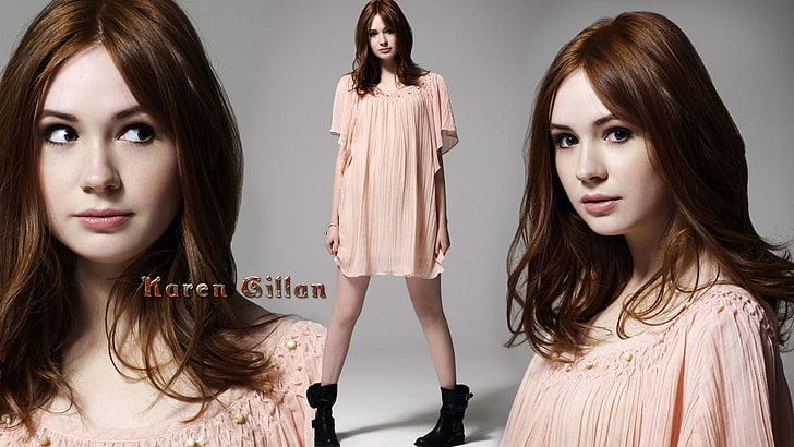 Karen Gillan, redhead, dress, legs, shoes, women, collage, face, HD wallpaper