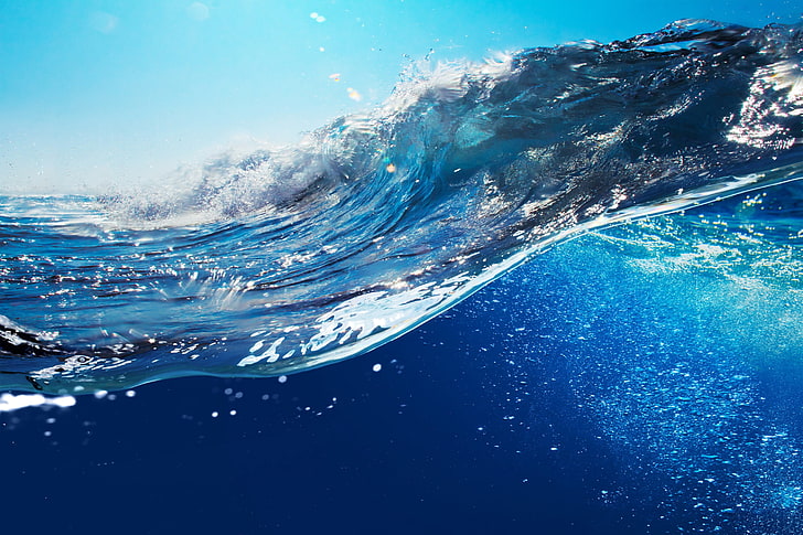 sea waves, water, blue, sunlight, bubbles, underwater, clear sky, HD wallpaper