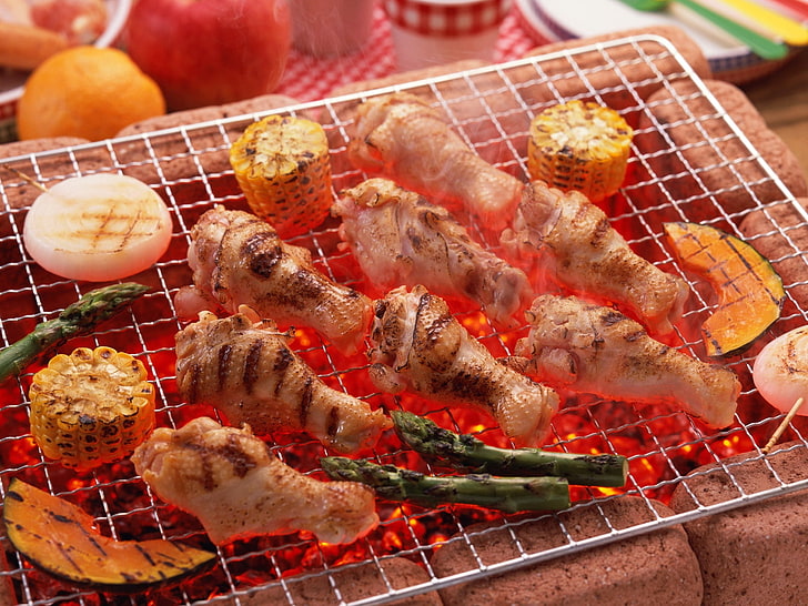 gray grill screen, meat, food, grilled, barbecue, cooking, barbecue Grill, HD wallpaper