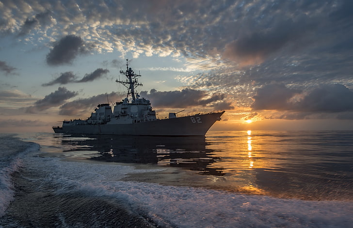 sea, sunset, guided-missile destroyer, USS Lassen (DDG 82), HD wallpaper