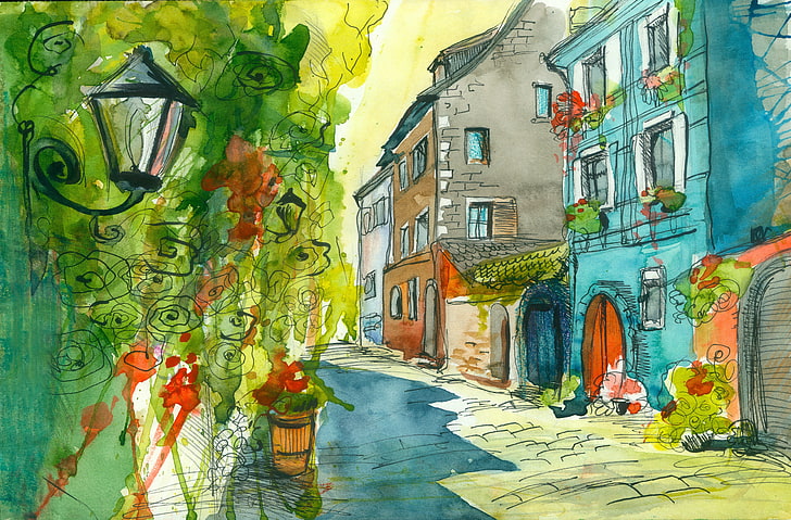sketch of buildings, flowers, street, home, lantern, watercolor painting