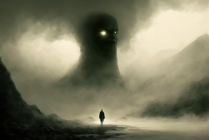 AI art, H. P. Lovecraft, Eldritch, horror, mist, shadow, silhouette