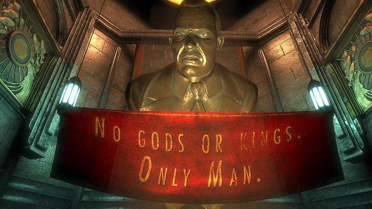 No Gods or Kings Only Man signage, video games, BioShock, human representation