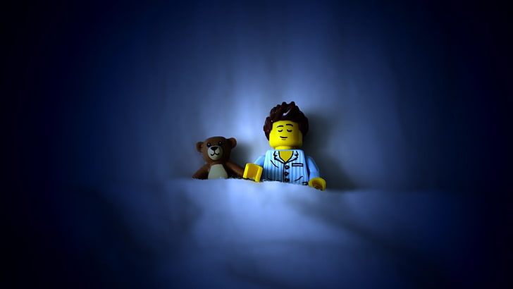 Mini Fig and bear plush toy, LEGO, sleeping, human representation, HD wallpaper