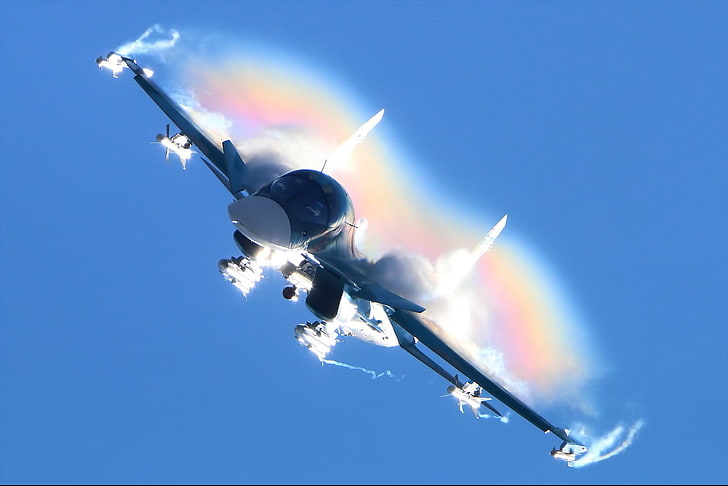 white and black ceiling fan, Sukhoi Su-34, rainbows, air vehicle, HD wallpaper