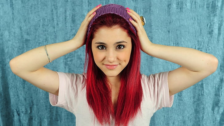Ariana Grande, redhead, hands on head, woolly hat, women, brown eyes, HD wallpaper