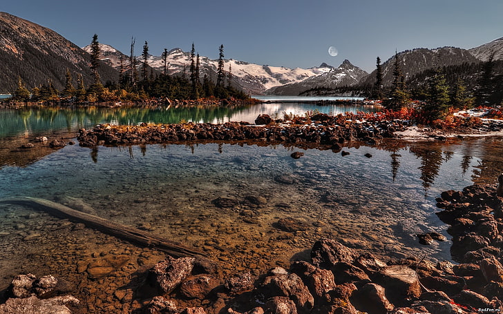 body of water, nature, HDR, lake, landscape, Moon, mountain, rock
