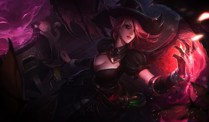 Halloween, witch hat, cleavage, League of Legends, pointed ears, HD wallpaper