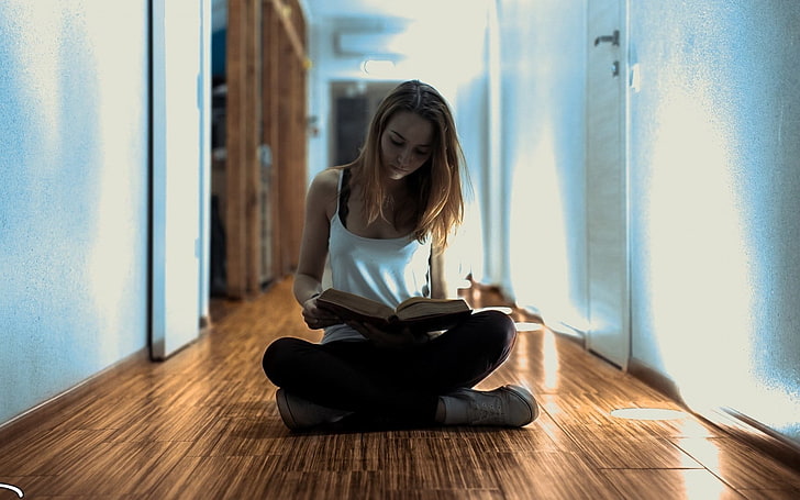 women, books, reading, sitting, brunette, introvert, on the floor