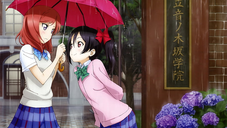 red and black haired girl's anime characters, girls, rain, umbrella