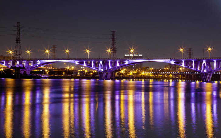 cityscape, bridge, power lines, city lights, night, HD wallpaper
