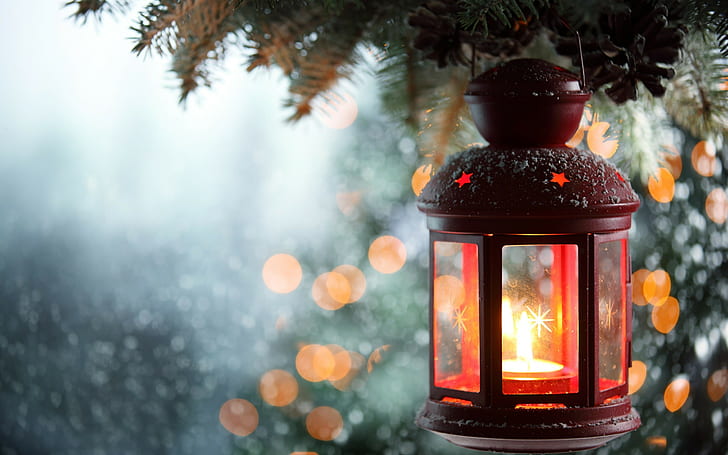 Winter candle light, snow, lantern