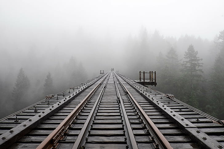 train rail and fog photo, Goldstream Provincial Park, railway