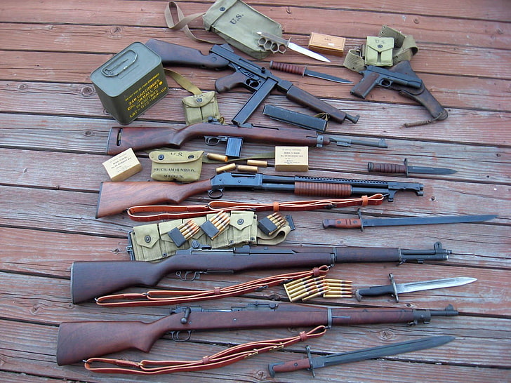 ammunition, Colt 1911, gun, knife, M1 carbine, M1903 Springfield