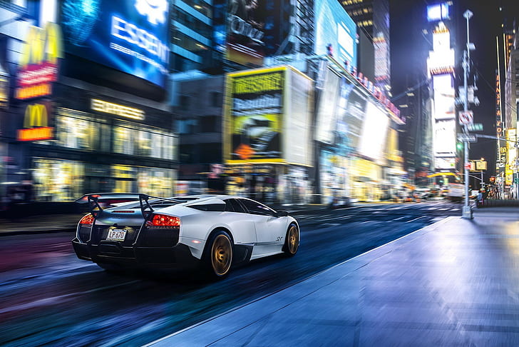car, Times Square, New York City, motion blur, USA, night, Lamborghini Murcielago LP 670-4 Super Veloce