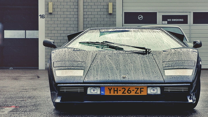 black sports car, Lamborghini, Dutch, water drops, rain, Lamborghini Countach, HD wallpaper