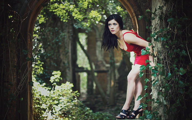 Woman, Outdoors, Red Dress, High Heels, Nature, Bent Over, HD wallpaper