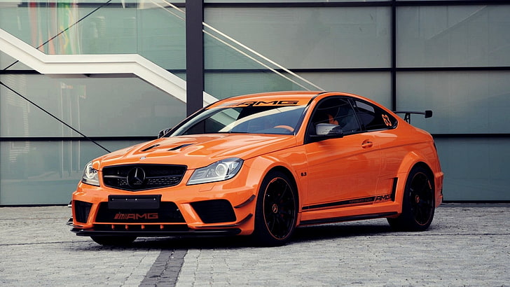 orange Mercedes-Benz coupe, C63 AMG, car, mode of transportation