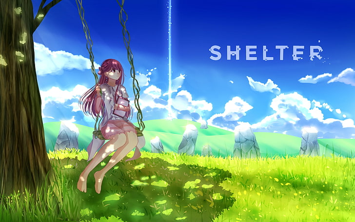 shelter, rin, swing, landscape, clouds, sky, grass, Anime, plant