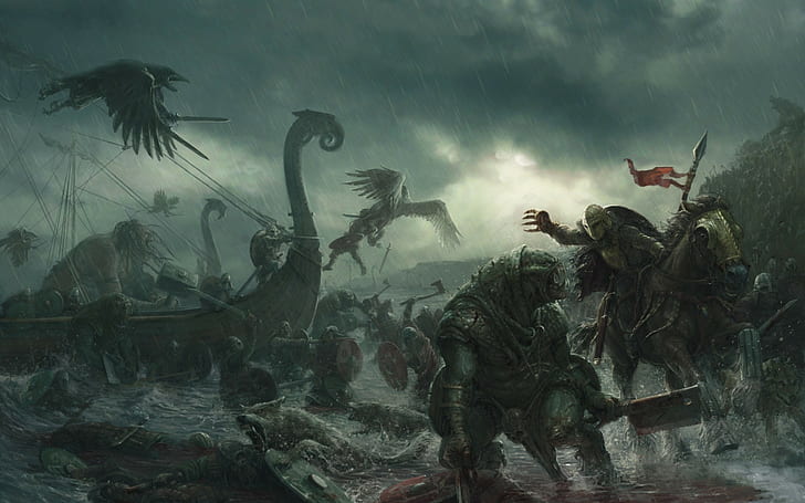 videogame digital wallpaper, Vikings, creature, axes, fantasy art