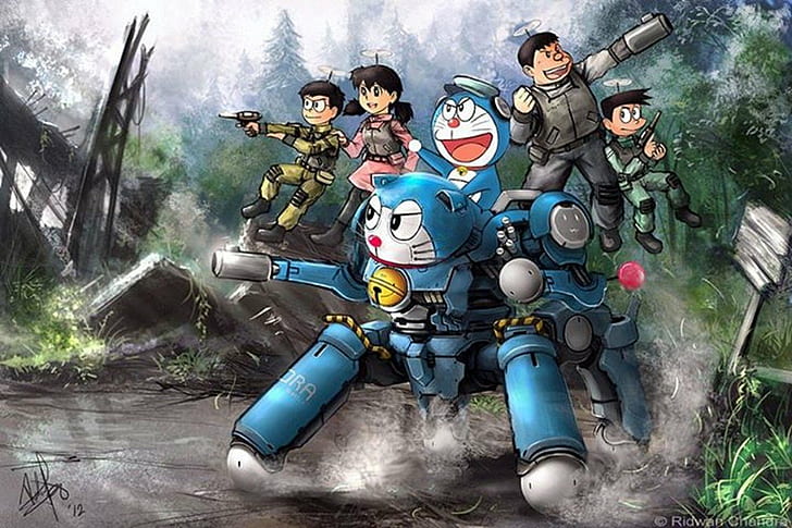 anime, Crossover, Doraemon, Ghost In The Shell, Tachikoma