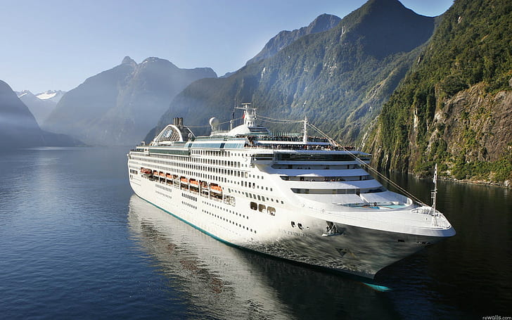 cruise ship, vehicle, mountains, landscape, HD wallpaper