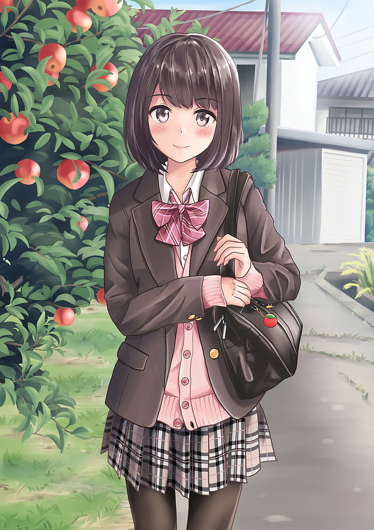Brown hair, anime school girl, earphones, school uniform, Anime, HD phone  wallpaper