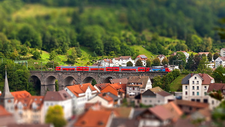plastic train toy, white and brown houses near forest, cityscape, HD wallpaper