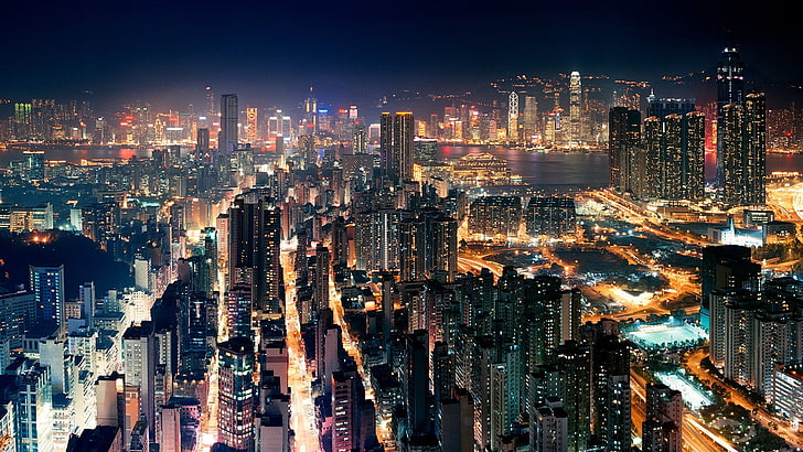 high-rise buildings, Hong Kong, China, cityscape, city lights, HD wallpaper