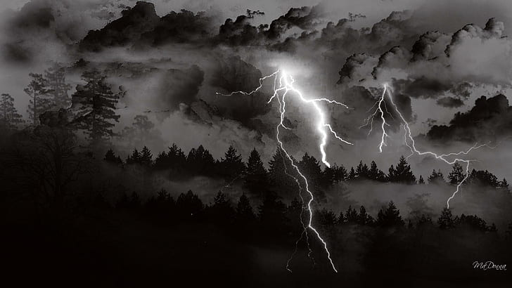 Storm Coming, trees, forest, lightning, widescreen, clouds, dark