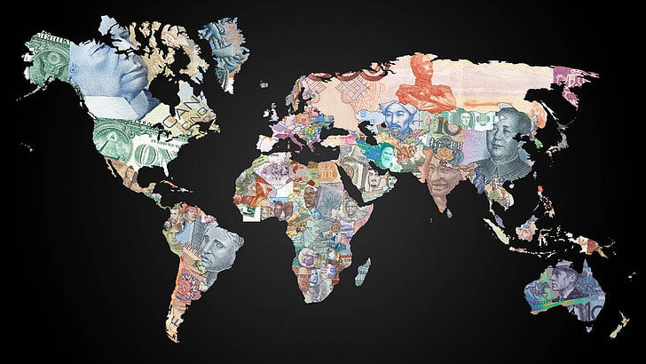 assorted-world wide map illustration, money, currency, dollar