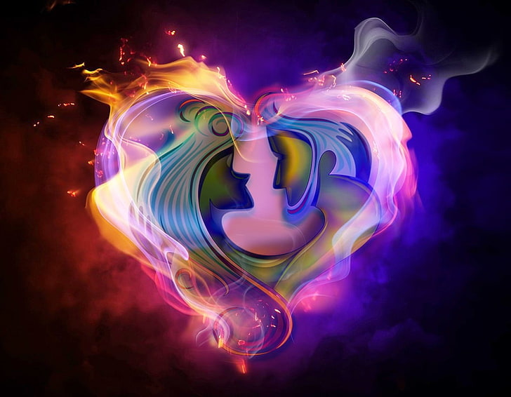 flame heart wallpaper, love, abstract, motion, multi colored, HD wallpaper