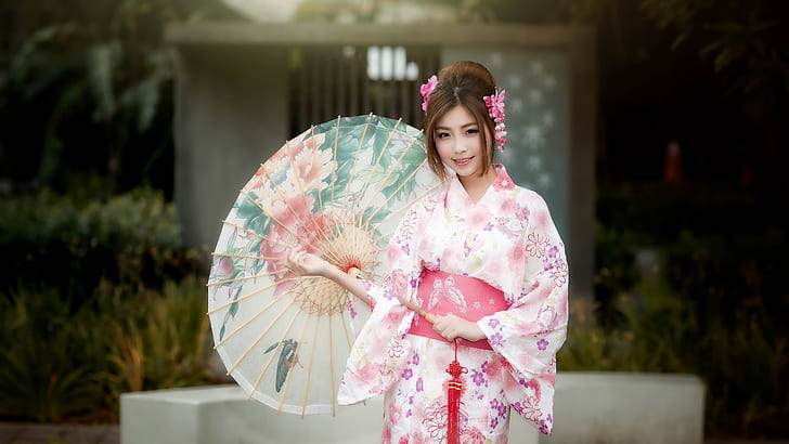 Beautiful japanese girl, kimono, umbrella, women's pink floral print kimono and paper umbrella