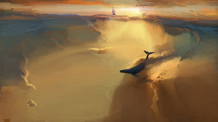 fish illustration, flying, whale, sailing ship, clouds, fantasy art, HD wallpaper