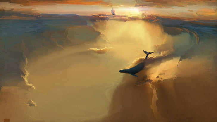 whale, flying, clouds, sailing ship, fantasy art, HD wallpaper