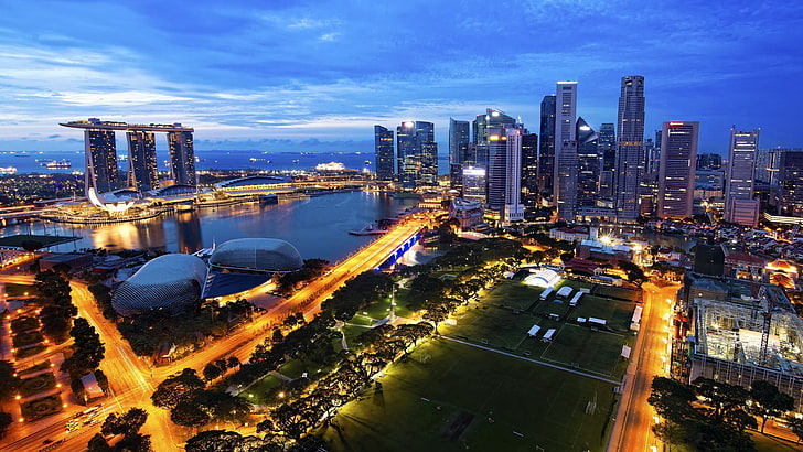 Aerial view of buildings during nighttime, cityscape, Singapore