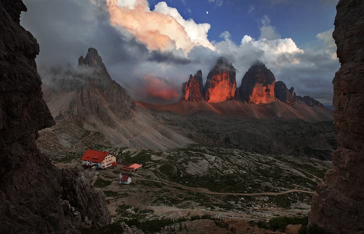 clouds, landscape, mountains, nature, rocks, home, Italy, The three Peaks of Lavaredo
