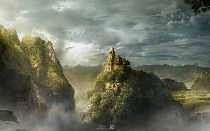 rock formation digital wallpaper, mountains, city, clouds, photography