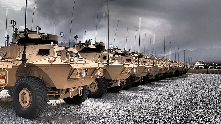 parked brown battle tanks, M1117 Armored Security Vehicle, U.S. Army