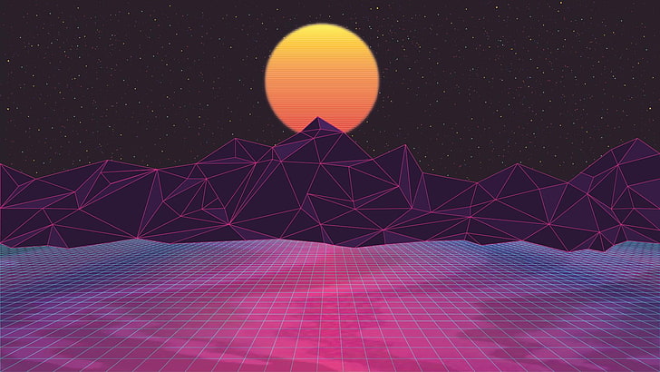 mountain 3D illustration,  retrowave, digital art, purple, dark background