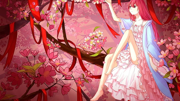 anime, anime girls, pink hair, long hair, flowers, sitting, HD wallpaper