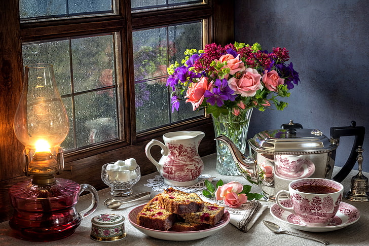 white-and-red ceramic teapot, rain, lamp, roses, bouquet, window