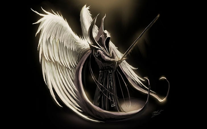 wings, angel, fantasy art, sword, HD wallpaper